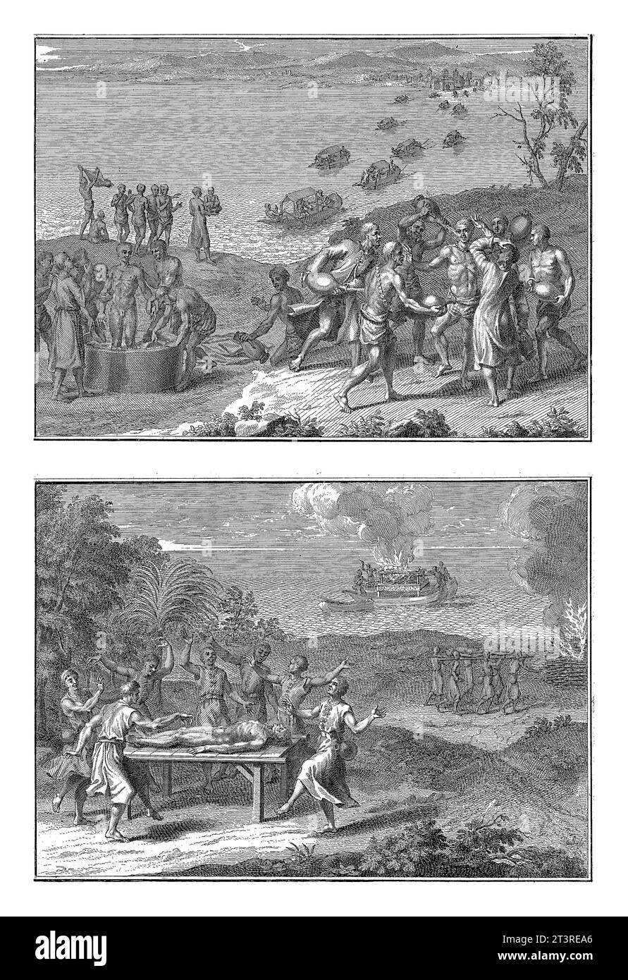 Darstellungen von Ritualen in Pegu, Bernard Picart (Werkstatt von), 1726 Blatt mit zwei Darstellungen von Ritualen aus Pegu. Stockfoto