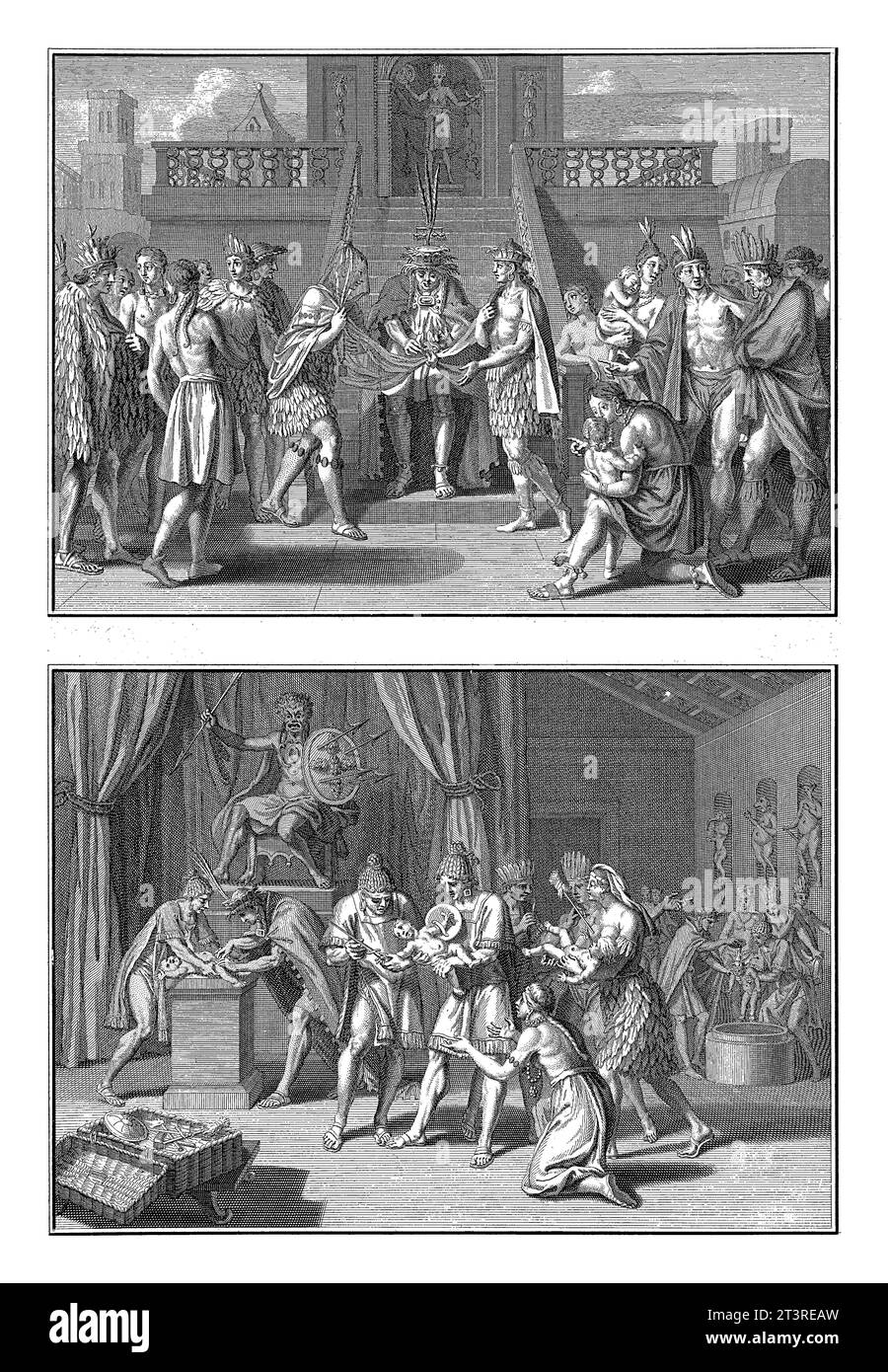 Mexikanische Hochzeitszeremonie und Taufzeremonie, Bernard Picart (Werkstatt), nach Bernard Picart, 1723 Blatt mit zwei Darstellungen mexikanischer ritu Stockfoto