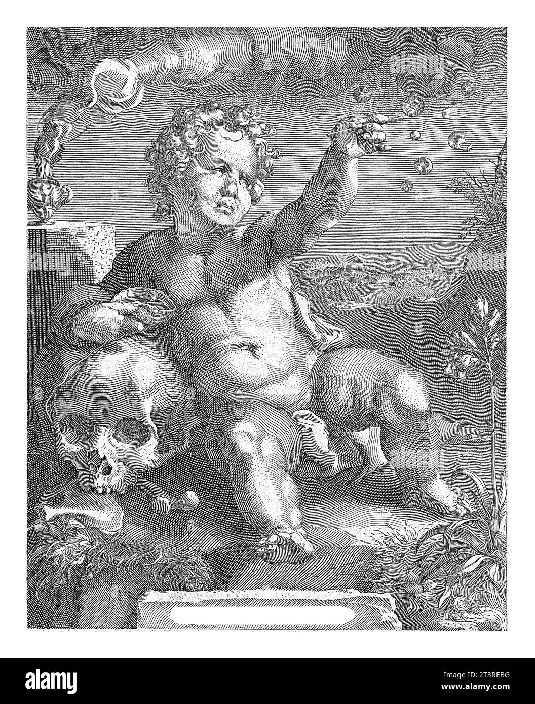 Allegorie der Vergänglichkeit, anonym, nach Hendrick Goltzius, 1594–1667, sitzt Ein Putto auf dem Boden und lehnt sich an einen Schädel, der in seiner linken Hand hält Stockfoto