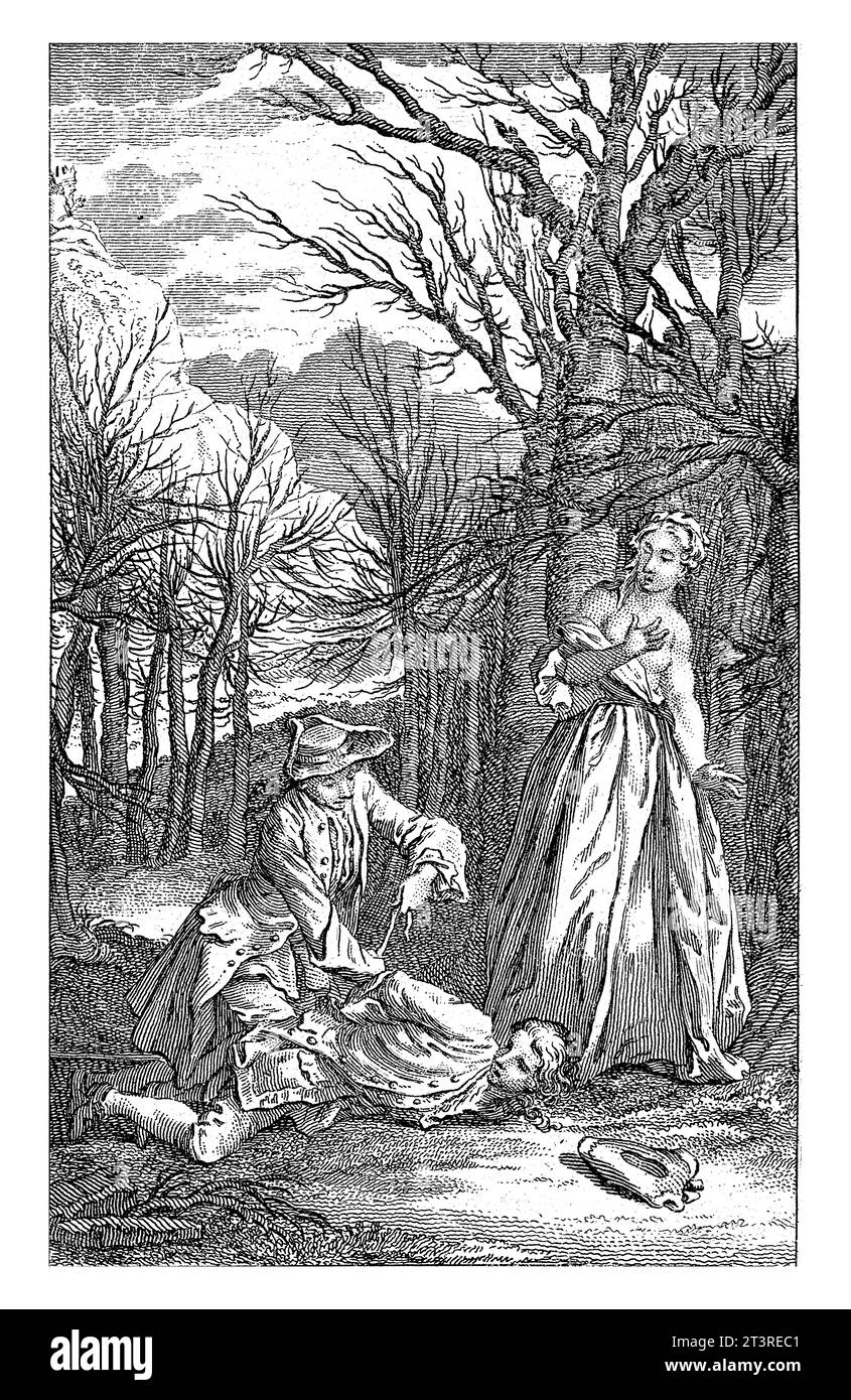 Thomas Jones besiegt Nortberton, Jan Punt, nachdem Hubert Francois Gravelot, 1749 im Wald, eine arme Frau von einem Mann angegriffen wird. Stockfoto