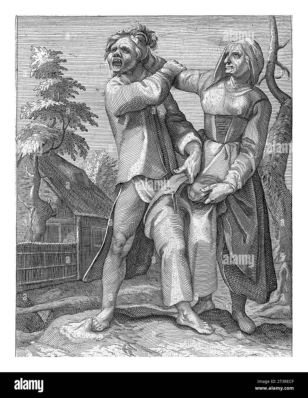 Die Schlacht um die Hose, Nicolaas Braeu, nach Karel van Mander (I), um 1608 - um 1666 symbolische Darstellung des Kampfes in der Ehe. Stockfoto