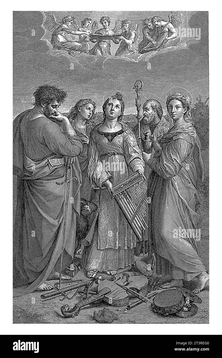 Saint Cecilia in Ekstase, Francesco Rosaspina, Raffael, 1772-1841 Saint Cecilia steht in Ekstase in einer Landschaft, umgeben von St. Paul, Johannes dem E. Stockfoto