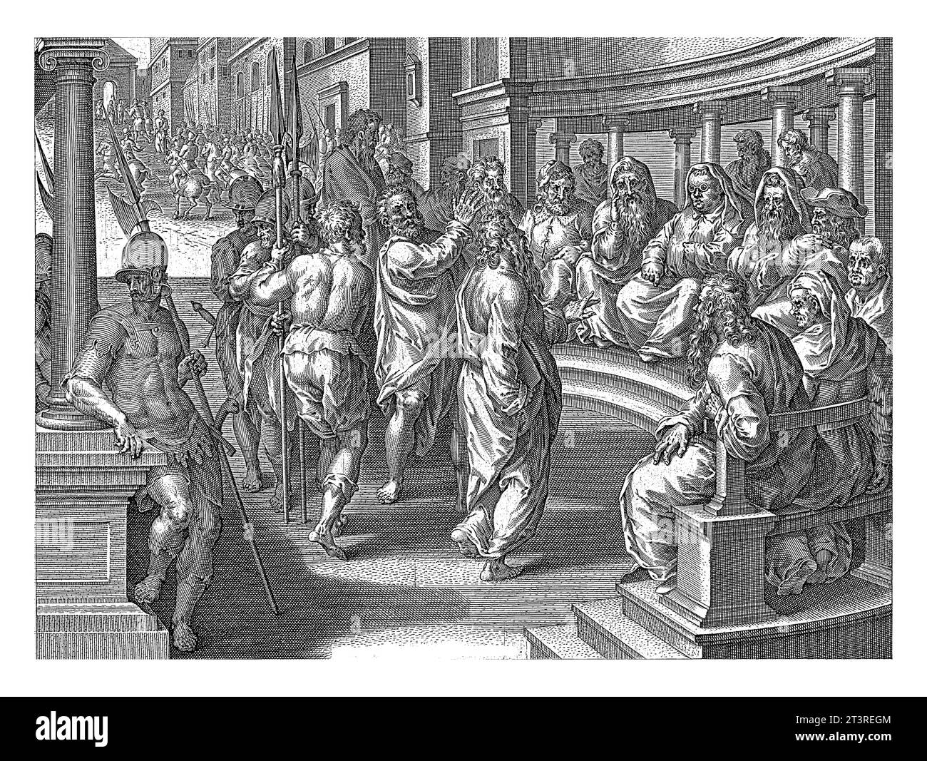 Paulus vor dem Sanhedrin, anonym, nach Philips Galle, nach Jan van der Straet, 1646 der Apostel Paulus muss sich vor dem Tribunal verteidigen Stockfoto