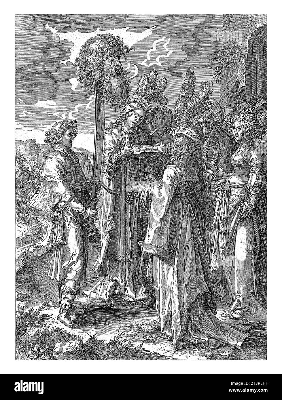 Triumphierender David mit dem Kopf von Goliath, anonym, nach Jan Saenredam, nach Lucas van Leyden, 1599–1634 links ist David mit einem großen Schwert Stockfoto