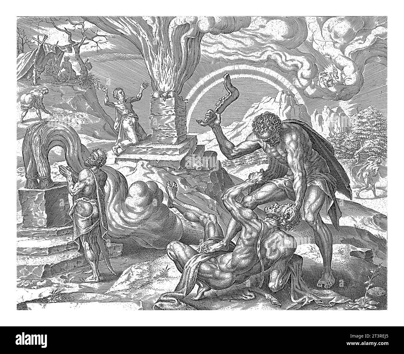 Cain tötet Abel, Harmen Jansz Muller, nachdem Maarten van Heemskerck, 1570–1612, Cain seinen Bruder Abel tötet. Zwei Opferaltäre sind im zu sehen Stockfoto