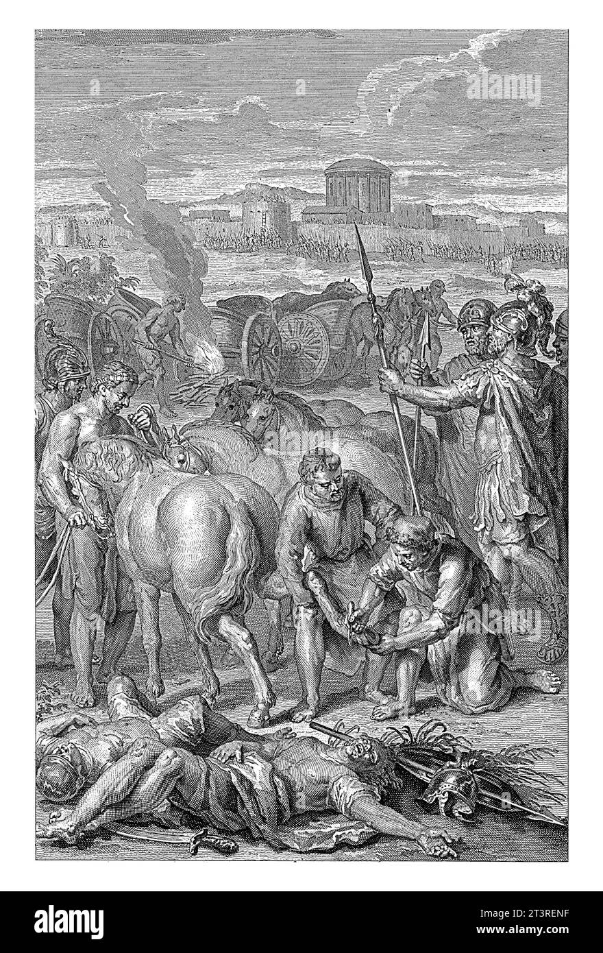 Joshua lähmt die Pferde und verbrennt die Wagen der Nationen, Pieter Sluyter, nach Gerard Hoet (I), 1720–1728 die Könige aus dem Norden sind def Stockfoto Joshua lähmt die Pferde und verbrennt die Wagen der Nationen, Pieter Sluyter, nach Gerard Hoet (I), 1720–1728 die Könige aus dem Norden sind def Stockfoto