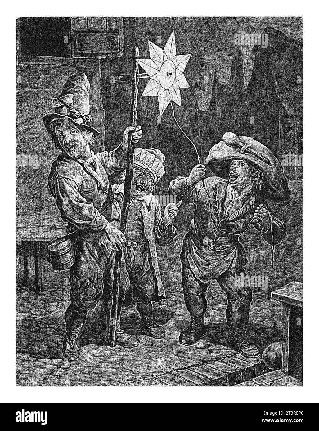 Januar, Cornelis DuSart, 1679 - 1704 Nachtblick in einer Stadt mit drei Kindern, die den Himmel feiern. Eines der Kinder hält einen Stern auf einem Stock. Stockfoto