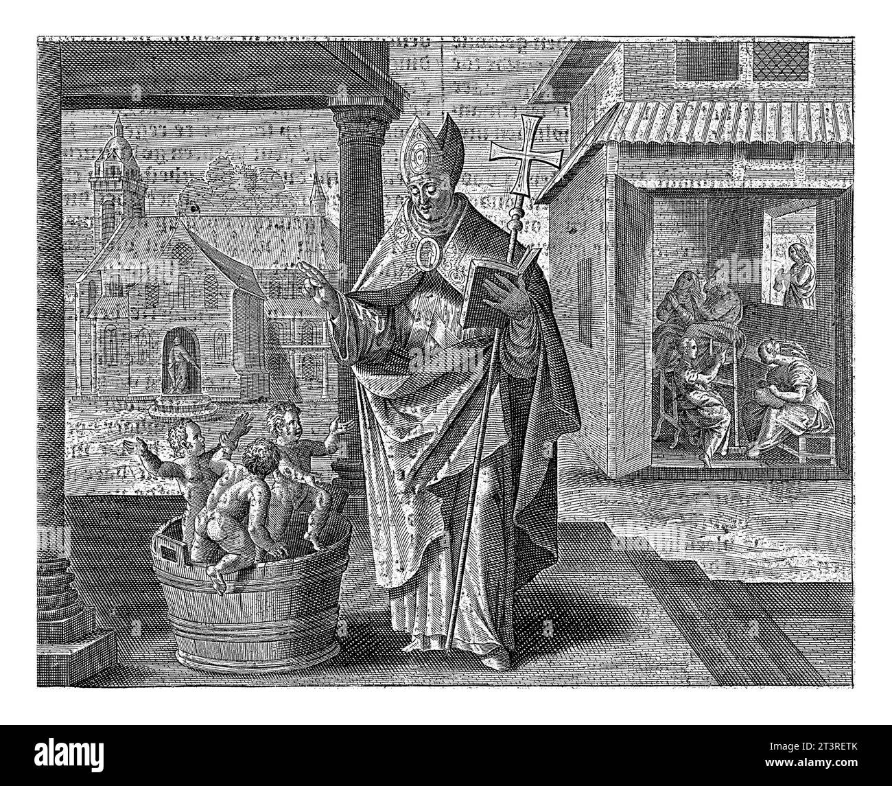 Nikolaus erweckt drei Kinder wieder zum Leben, Jan Collaert (II), nach Maerten de Vos (1597) im Vordergrund, Nikolaus bringt drei Kinder Stockfoto
