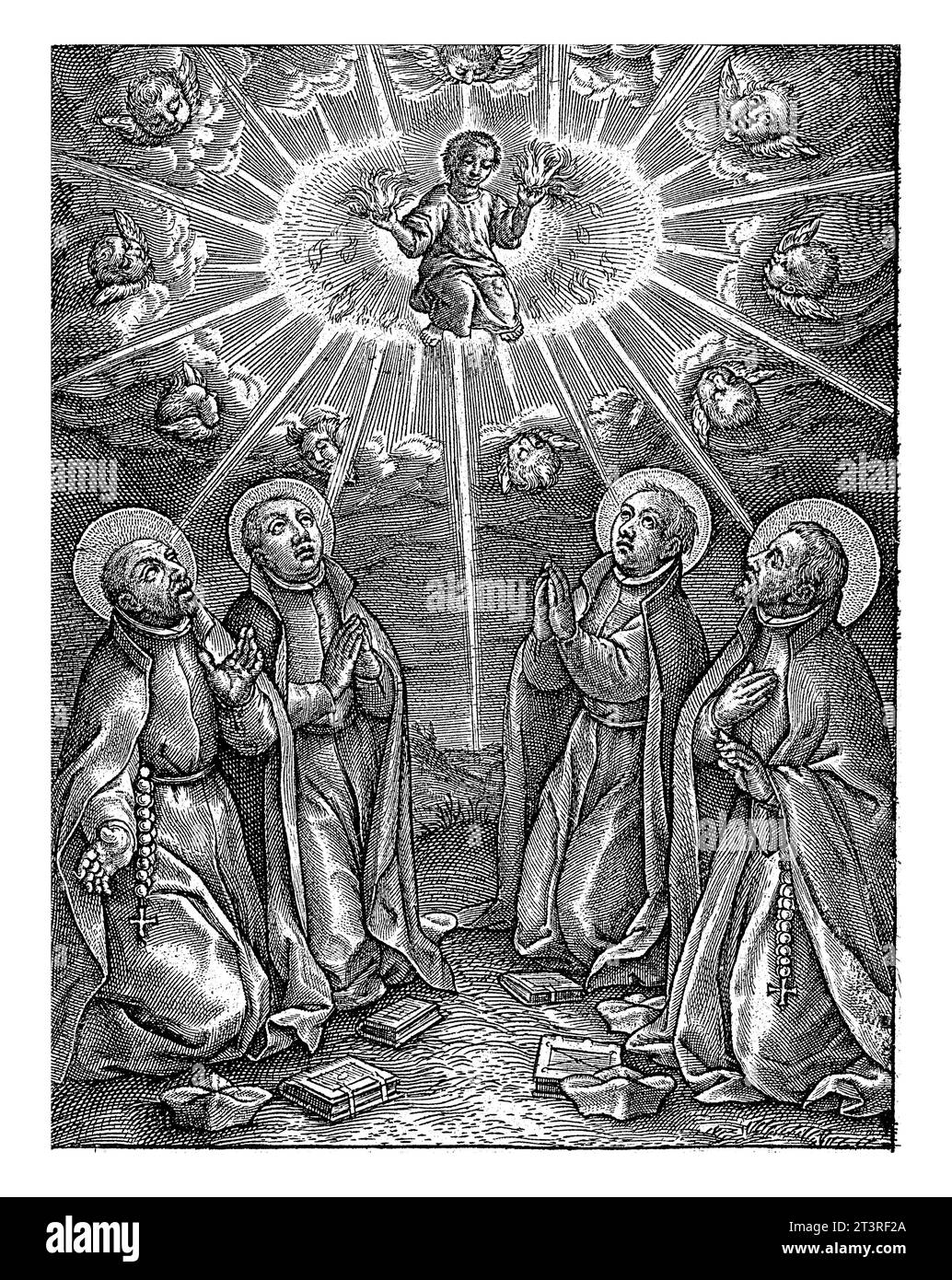 Christkind in Nimbus, Hieronymus Wierix, 1563 – vor 1619 das Christkind in einem nimbus, das ein brennendes Herz in jeder Hand hält, umgeben von Cherub Stockfoto Christkind in Nimbus, Hieronymus Wierix, 1563 – vor 1619 das Christkind in einem nimbus, das ein brennendes Herz in jeder Hand hält, umgeben von Cherub Stockfoto