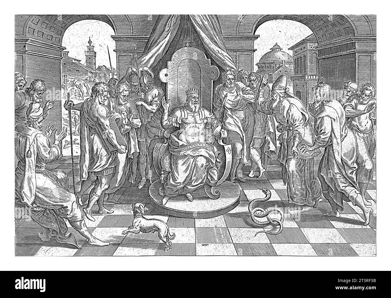 Moses und Aaron mit dem Pharao Johannes Wierix, nach Marten van Cleve (I), 1639 Moses und Aaron sprechen mit dem Pharao. Aaron warf seinen Stab zu t Stockfoto