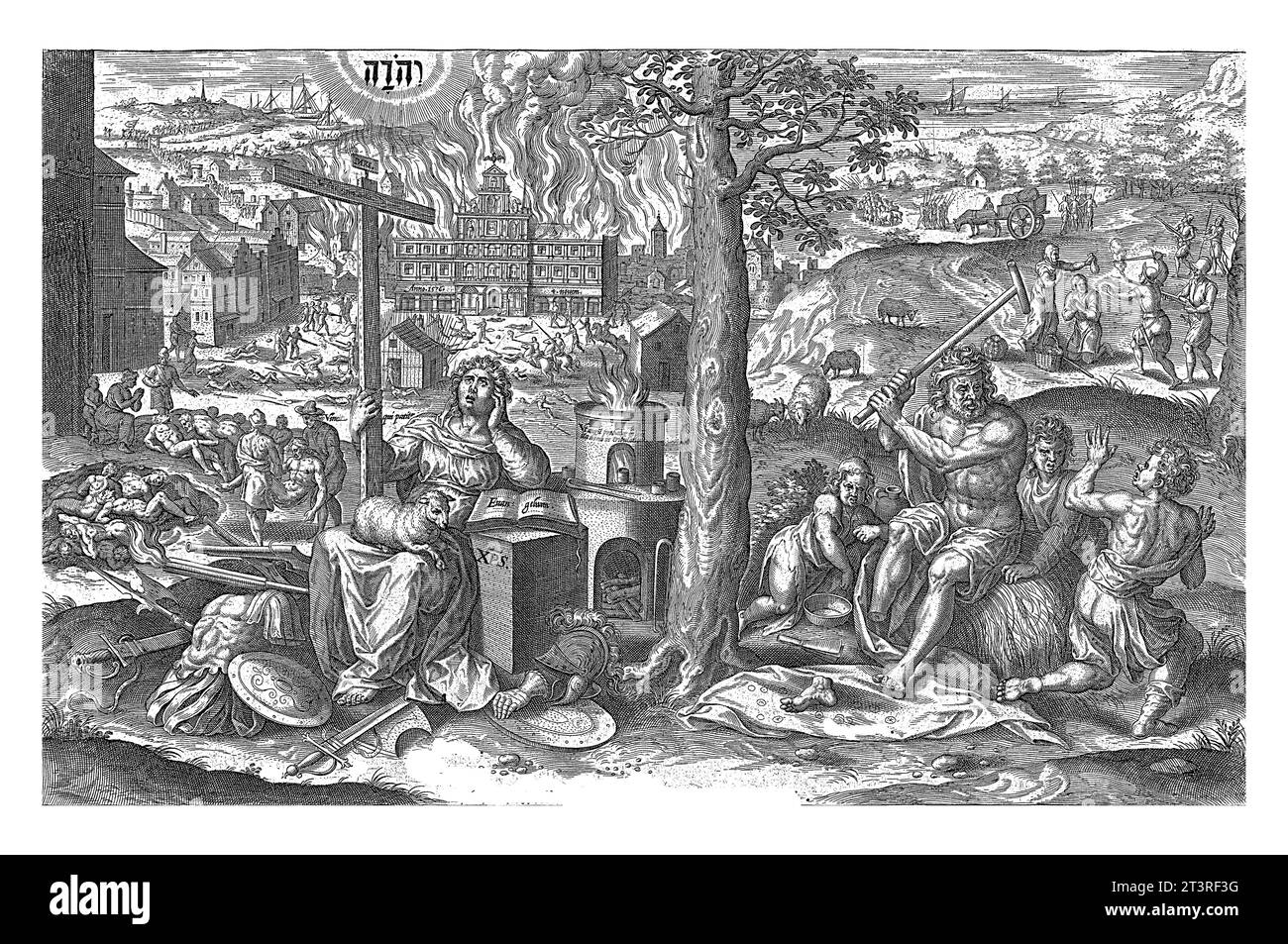 Geduld in Not, Hans Collaert (I), nach Crispijn van den Broeck, 1577 im Vordergrund links die Personifikation Geduld (Patientia), Stockfoto