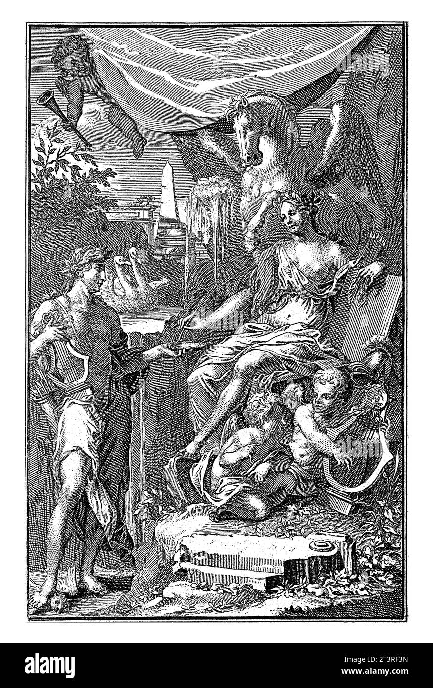 Venus und Apollo, Jan Goeree, 1716 in der Mitte Venus auf einem Thron. Neben ihrem Thron zwei Putten mit einer Leier. Apollo steht auf der linken Seite und trampelt A Stockfoto