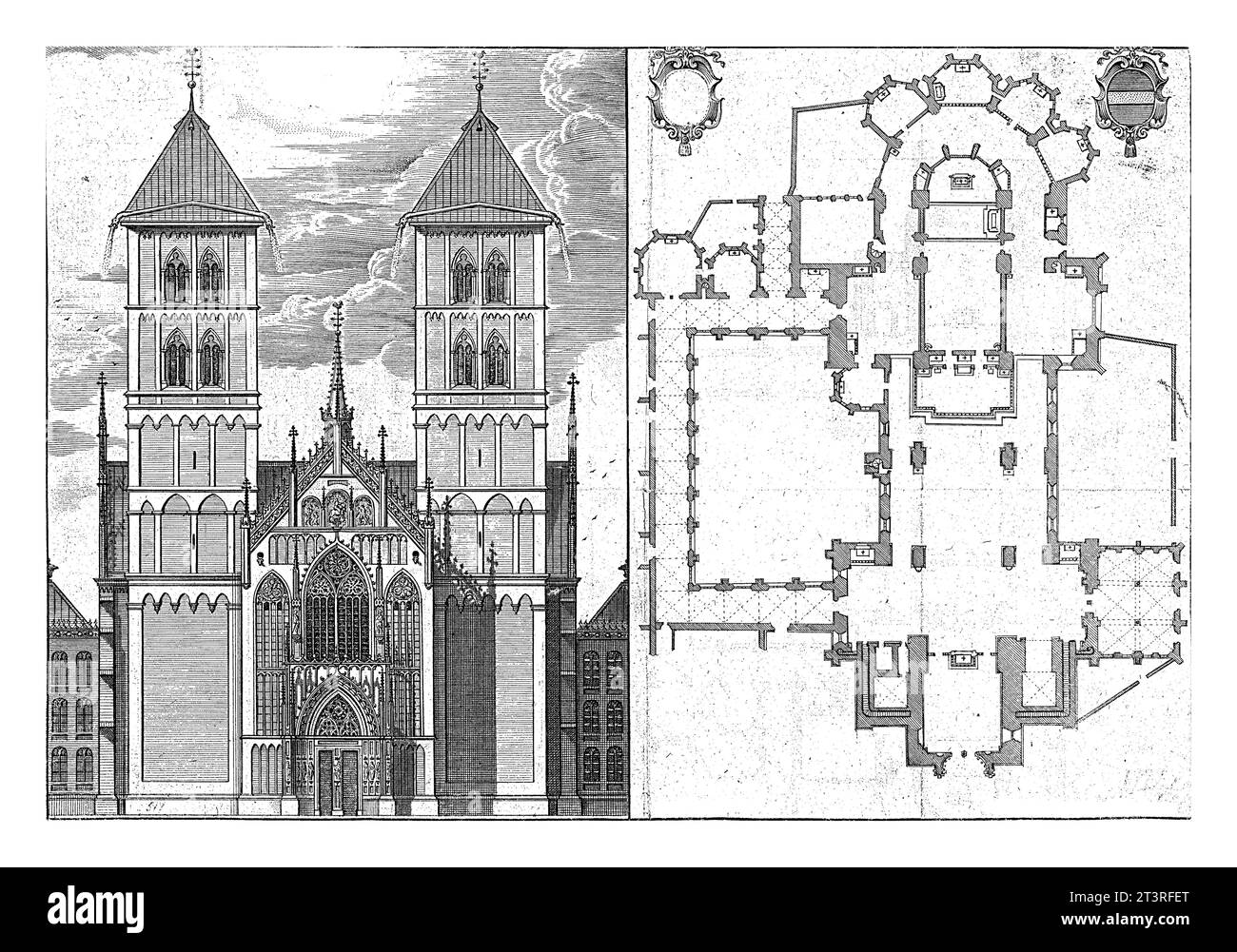 Sint Paulus Dom in Münster, Jacobus Harrewijn, After PET., 1682 - 1730 Vorderansicht des Sint Paulus Dom in Münster. Außerdem die Karte der Churc Stockfoto