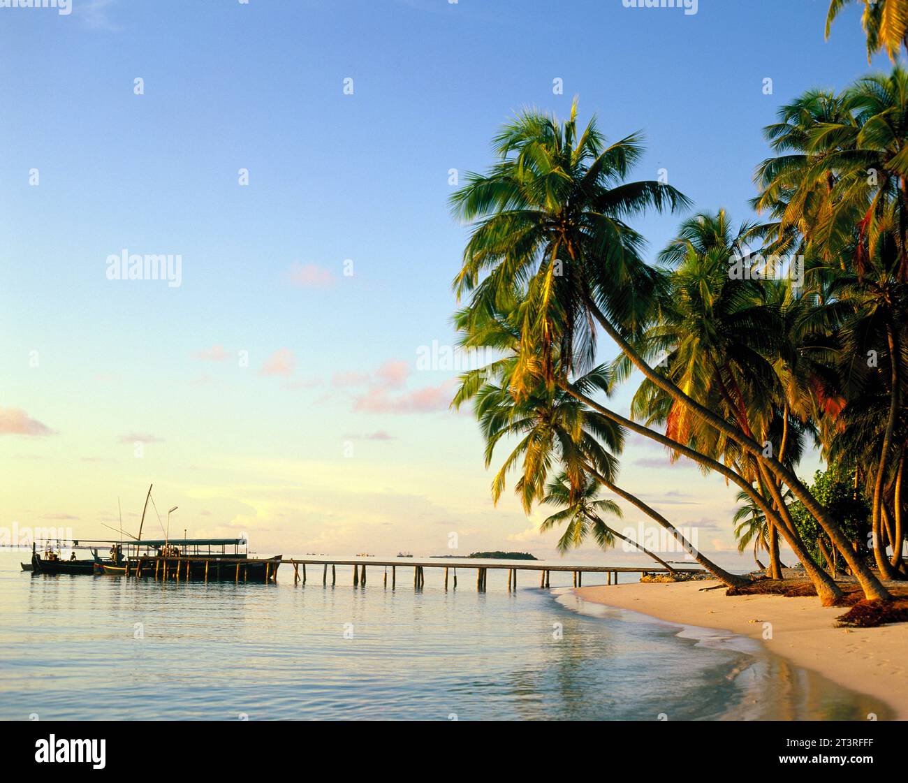 Malediven. Tropischer Strand. Steg mit Fischerboot. Stockfoto