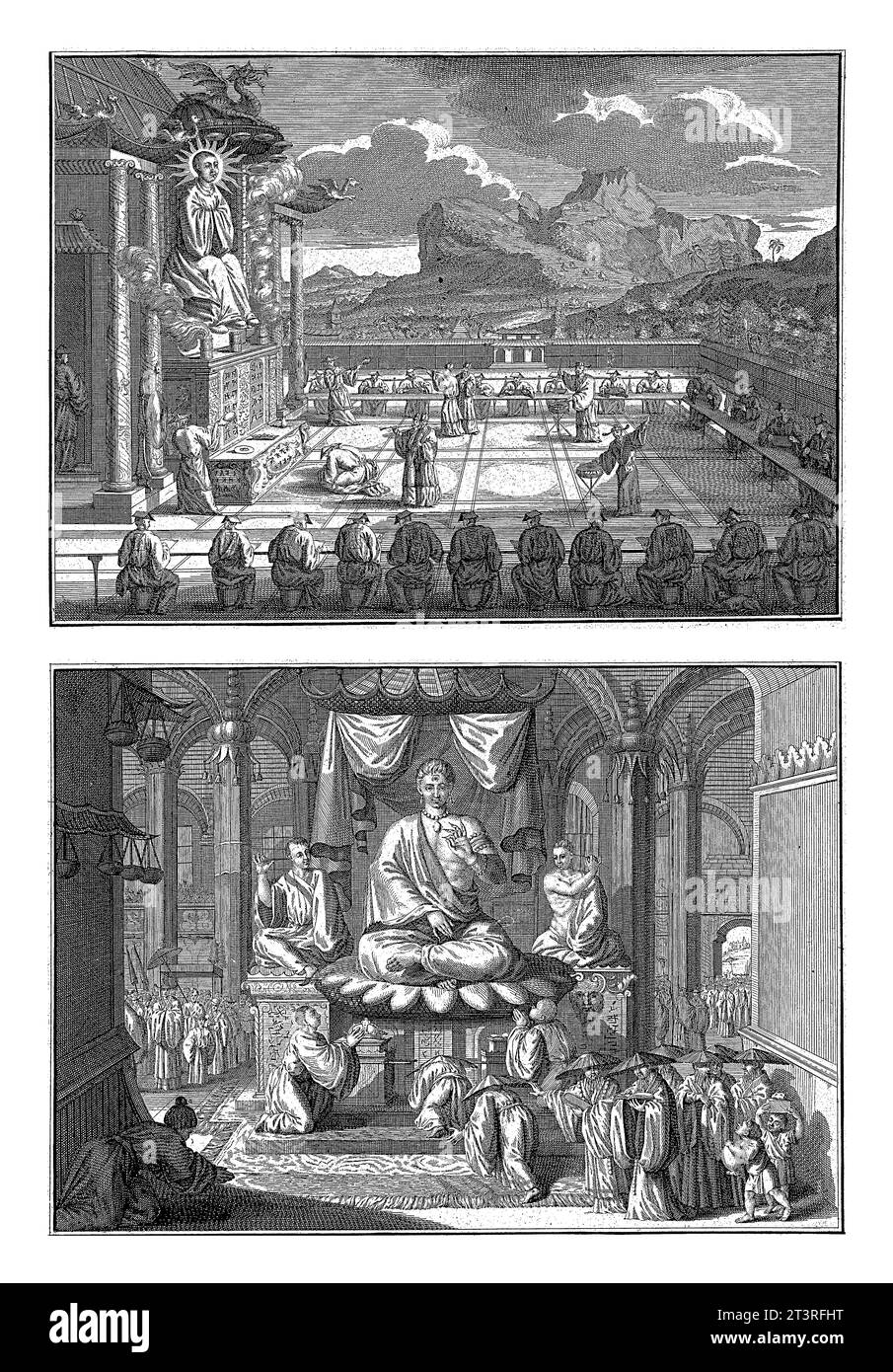 Statuen des chinesischen Gottes Xekia, Bernard Picart (Werkstatt), 1726 Blatt mit zwei Darstellungen des chinesischen Gottes Xekia. Stockfoto
