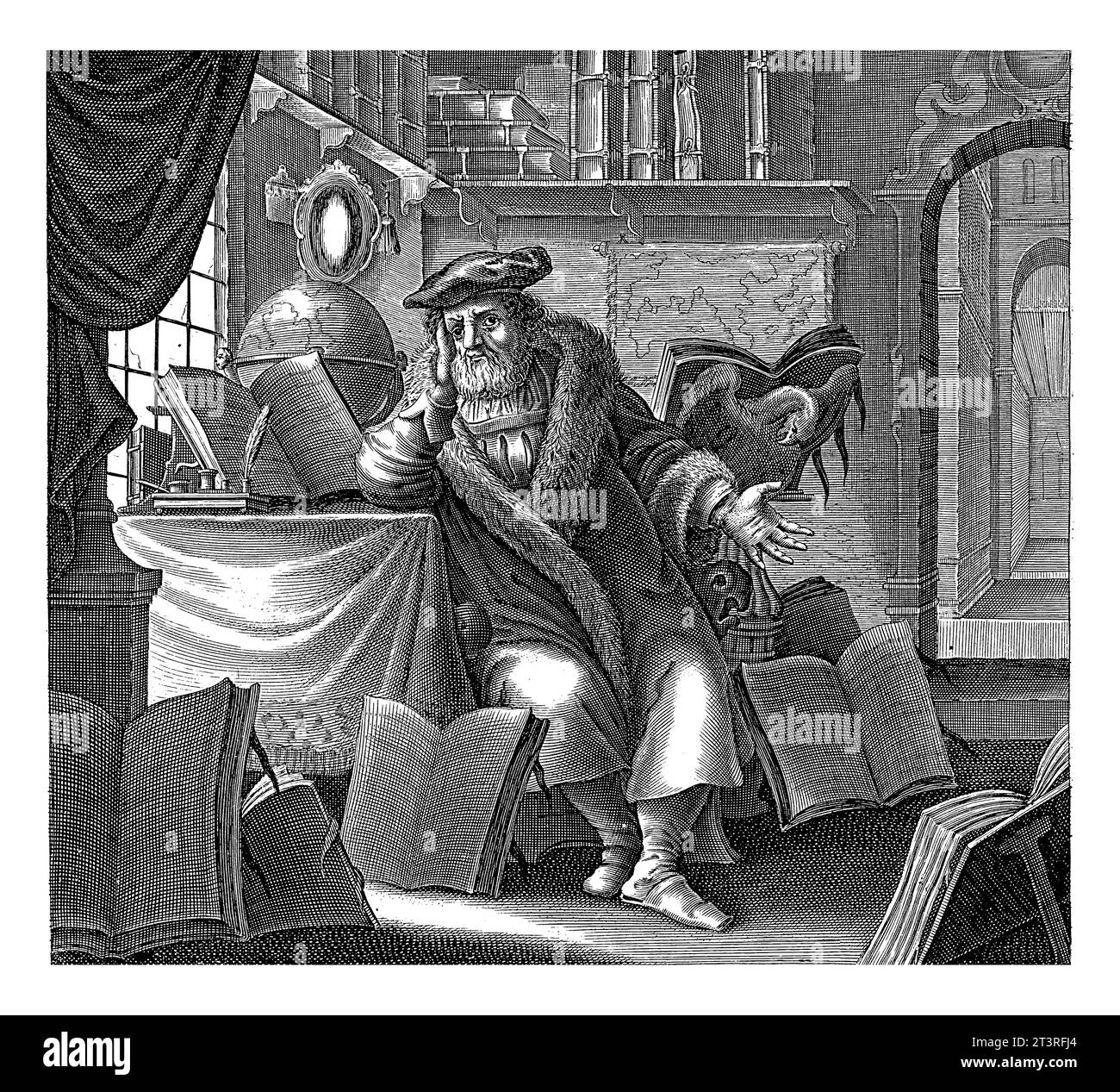 Scholar in His Study, Jacob van Meurs, 1630–1680 Ein Gelehrter, umgeben von offenen Büchern in seiner Studie. Auf dem Tisch eine Kugel. Stockfoto