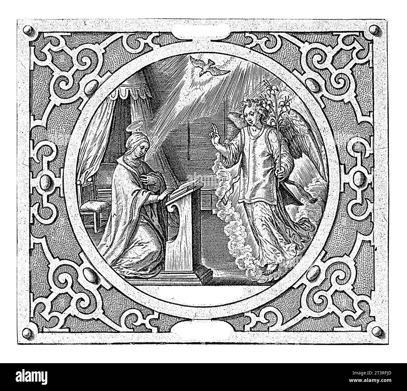 Verkündigung (humilis), Hieronymus Wierix, 1563 – vor 1619 kniet Maria hinter ihrem Rednerpult. Sie wird von dem Engel Gabriel besucht. Stockfoto