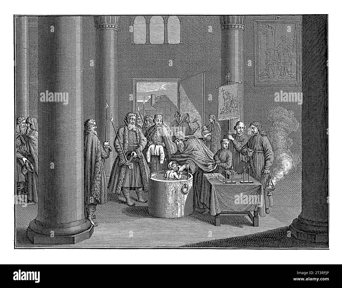 Russische Taufzeremonie, Caspar Jacobsz. Philips, 1752 - 1789 Kircheninnenraum einer griechisch-orthodoxen Kirche, in der Mitglieder der russischen Gemeinde Stockfoto