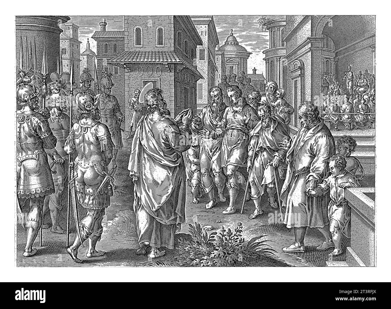 Paulus predigt die Lehre Christi in Rom, anonym, nach Philips Galle, nach Jan van der Straet, 1646 der Apostel Paulus predigt die Lehre von Stockfoto