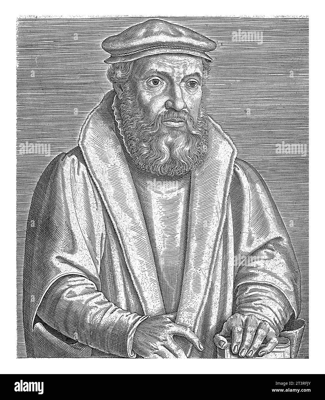 Porträt von Johannes Sartorius, Philips Galle, 1572 Porträt von Johannes Sartorius, einem Amsterdamer Dichter und Prediger. Nach rechts. Stockfoto