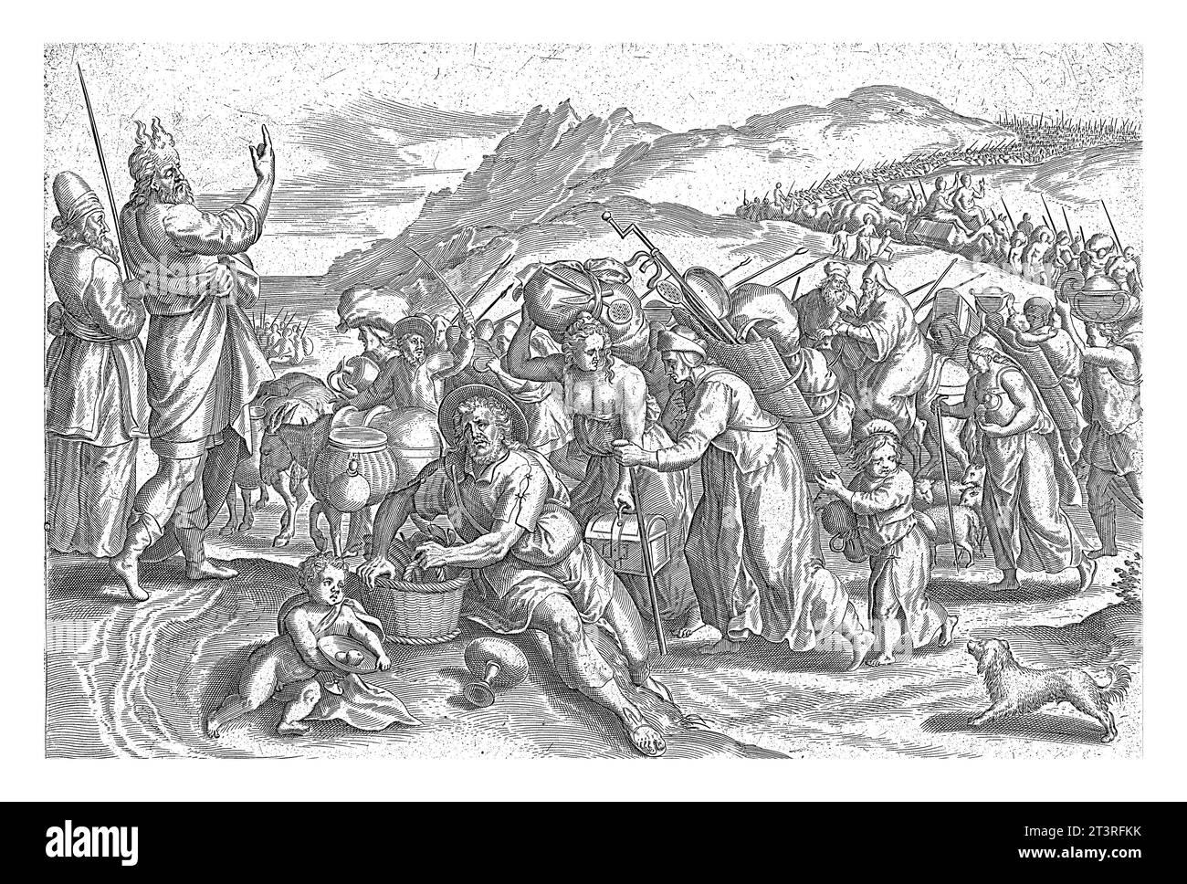 Exodus aus Ägypten, Johann Sadeler (I), nach Marten van Cleve (I), 1639 im Vordergrund Moses und