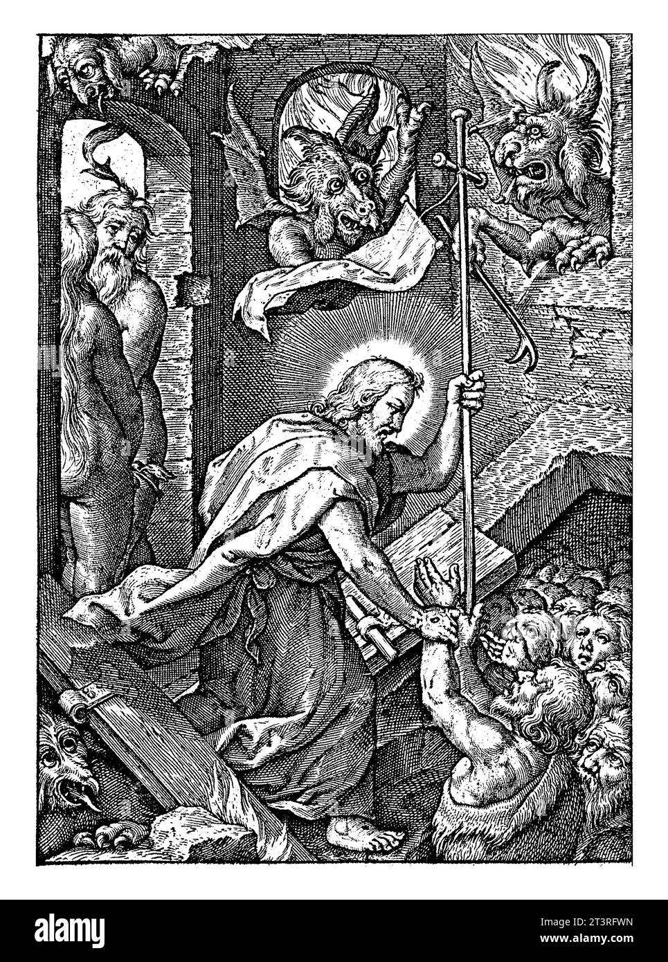 Christus im Vorgeborenen, Hieronymus Wierix, 1563 – vor 1619 nach seinem Tod steigt Christus in die vorgebohrten ab. Stockfoto