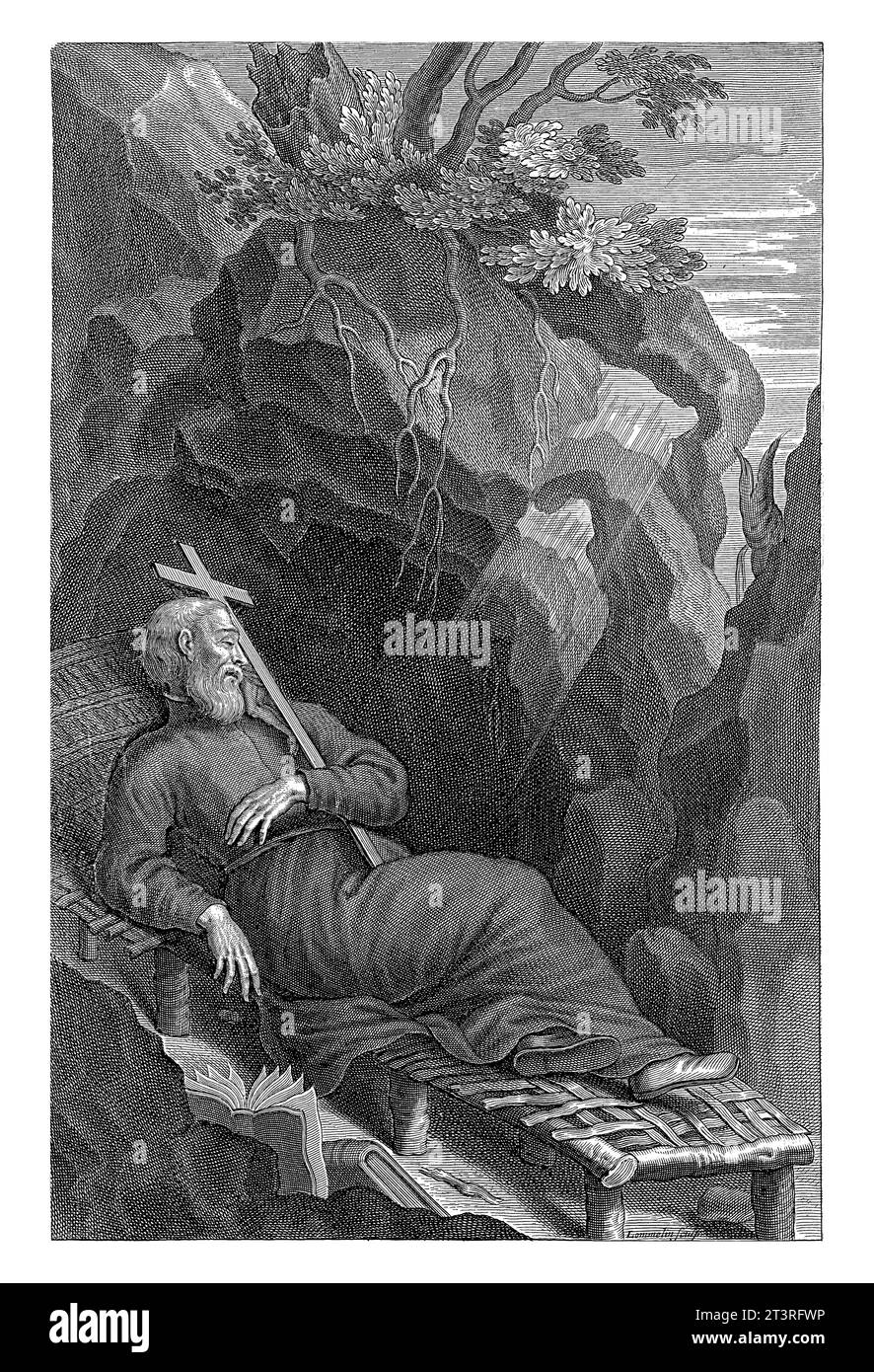 Jan Baptist van Baeza, Adriaen Lommelin, 1630–1677 Jan Baptist van Baeza, christlicher Märtyrer in Japan, liegend mit einem auf einem Bett gegen ihn gedrückten Kreuz Stockfoto