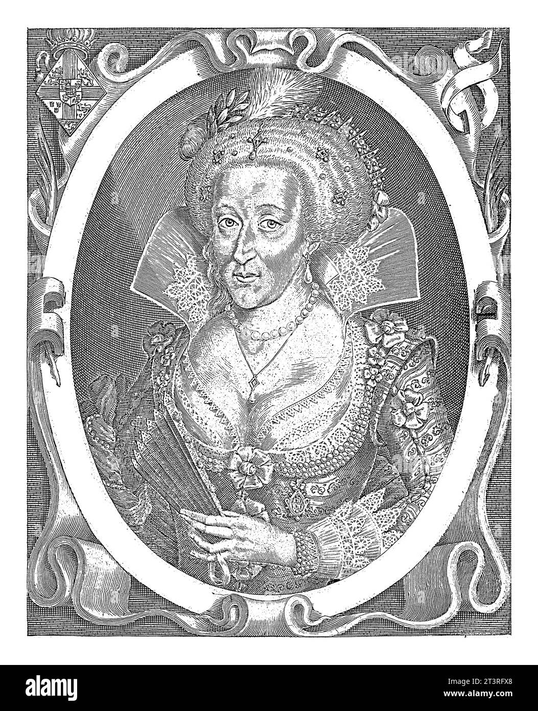 Porträt von Anne von Dänemark, Königin von England, Simon van de Passe, 1617 Porträt von Anne von Dänemark, Gemahlin von König Jakob I. von England. Stockfoto