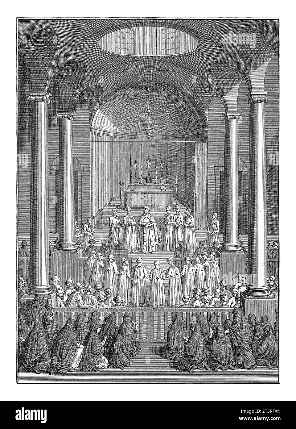Innenraum einer armenisch-apostolischen Kirche, Bernard Picart (Werkstatt), 1733 das Innere einer armenischen Kirche zum Zeitpunkt des Gottesdienstes. Stockfoto