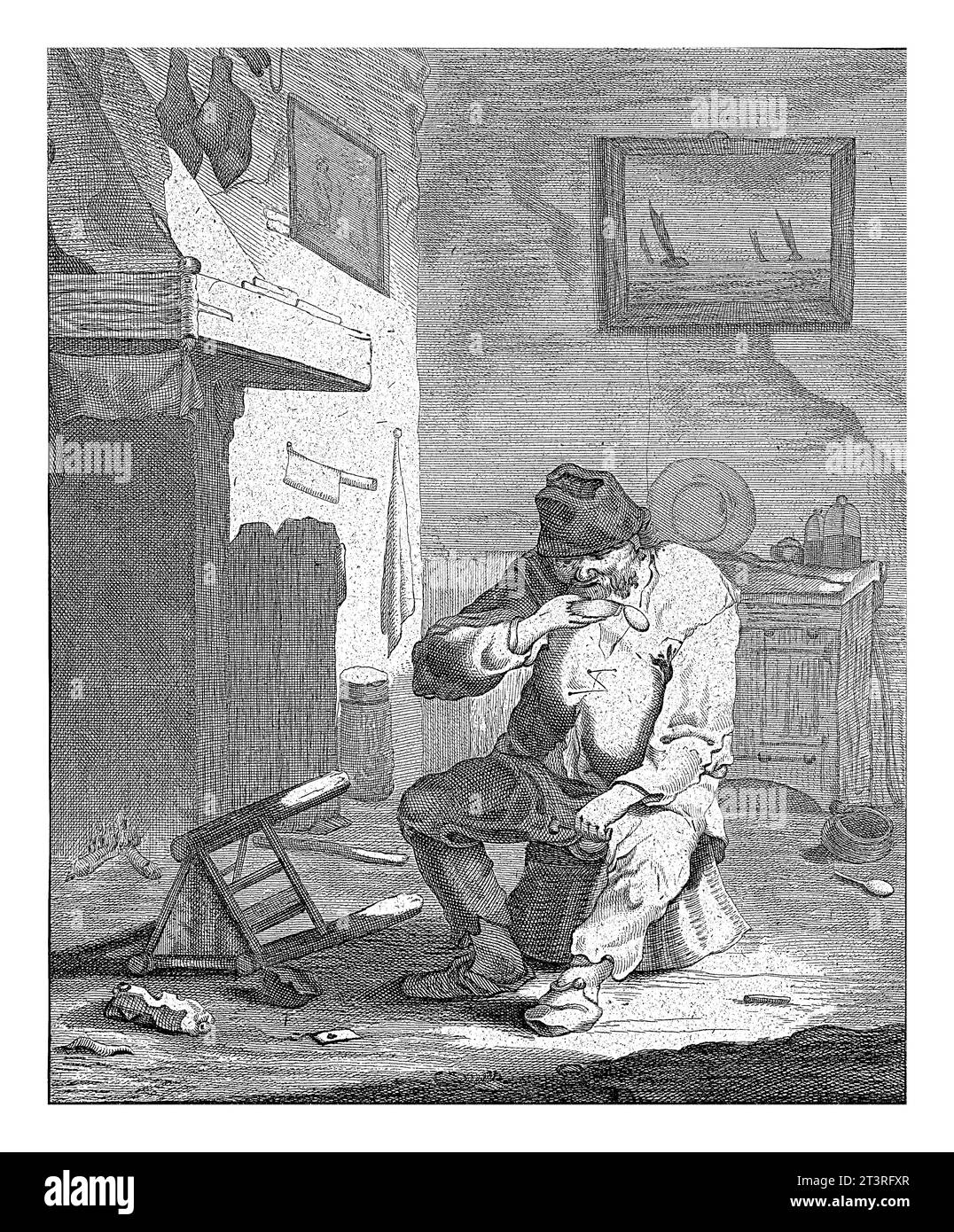 Der Geruch: Mann mit Schnupfkiste, Abraham de Blois, nach Andries beide, 1679–1717 Ein zerlumpter Mann sitzt auf einem Stuhl in einem Innenraum und riecht eine Kiste sn Stockfoto