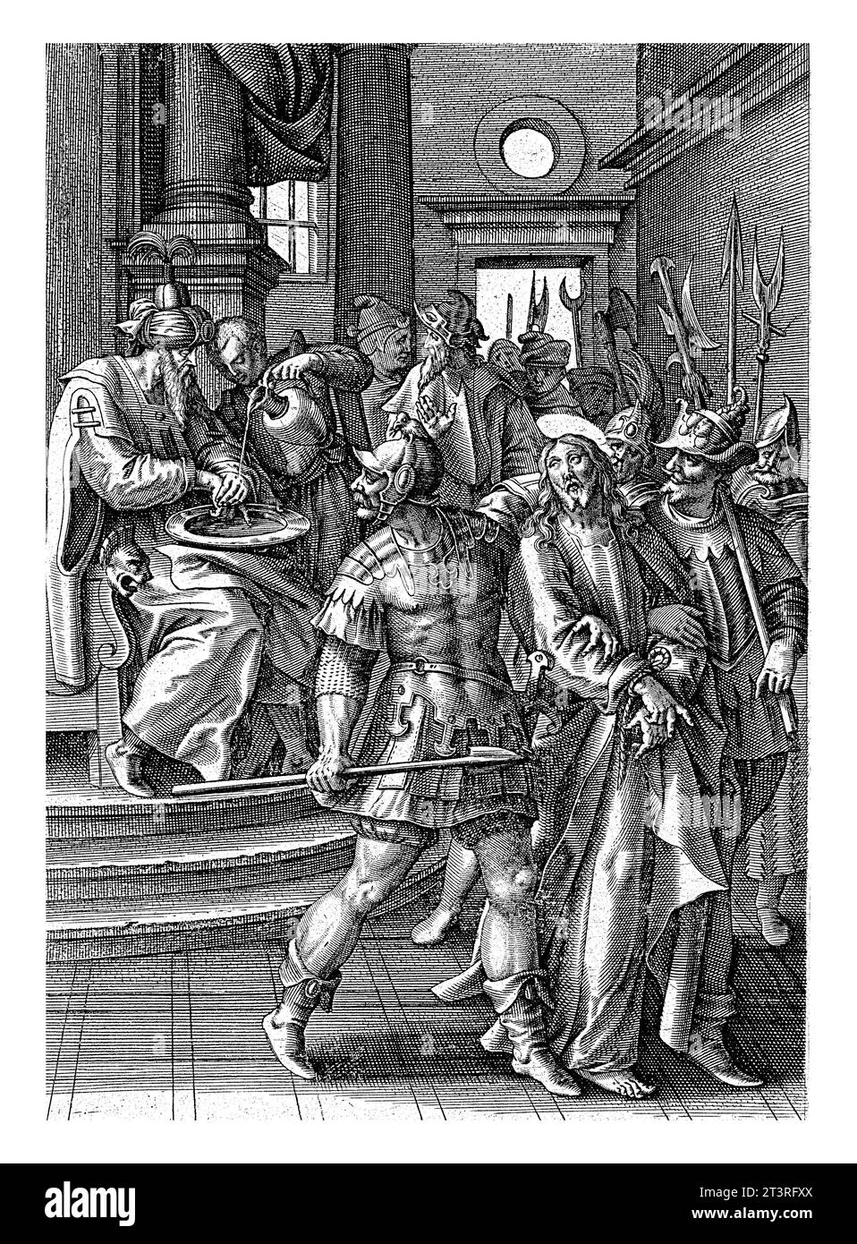 Pilatus wäscht seine Hände in Unschuld, Antonie Wierix (II), nach Maerten de Vos, 1583 - 1587 Christus wird zum Tode verurteilt und weggenommen. Pilate war Stockfoto