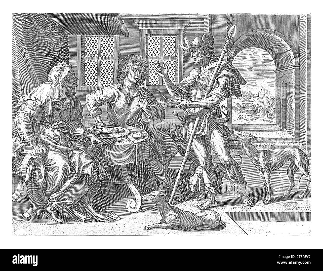 Esau verkauft sein Geburtsrecht an Jakob, Maerten de Vos, 1639 Esau ist hungrig von der Jagd zurückgekehrt. Seine Jagdhunde stehen neben ihm. Er verkauft h Stockfoto