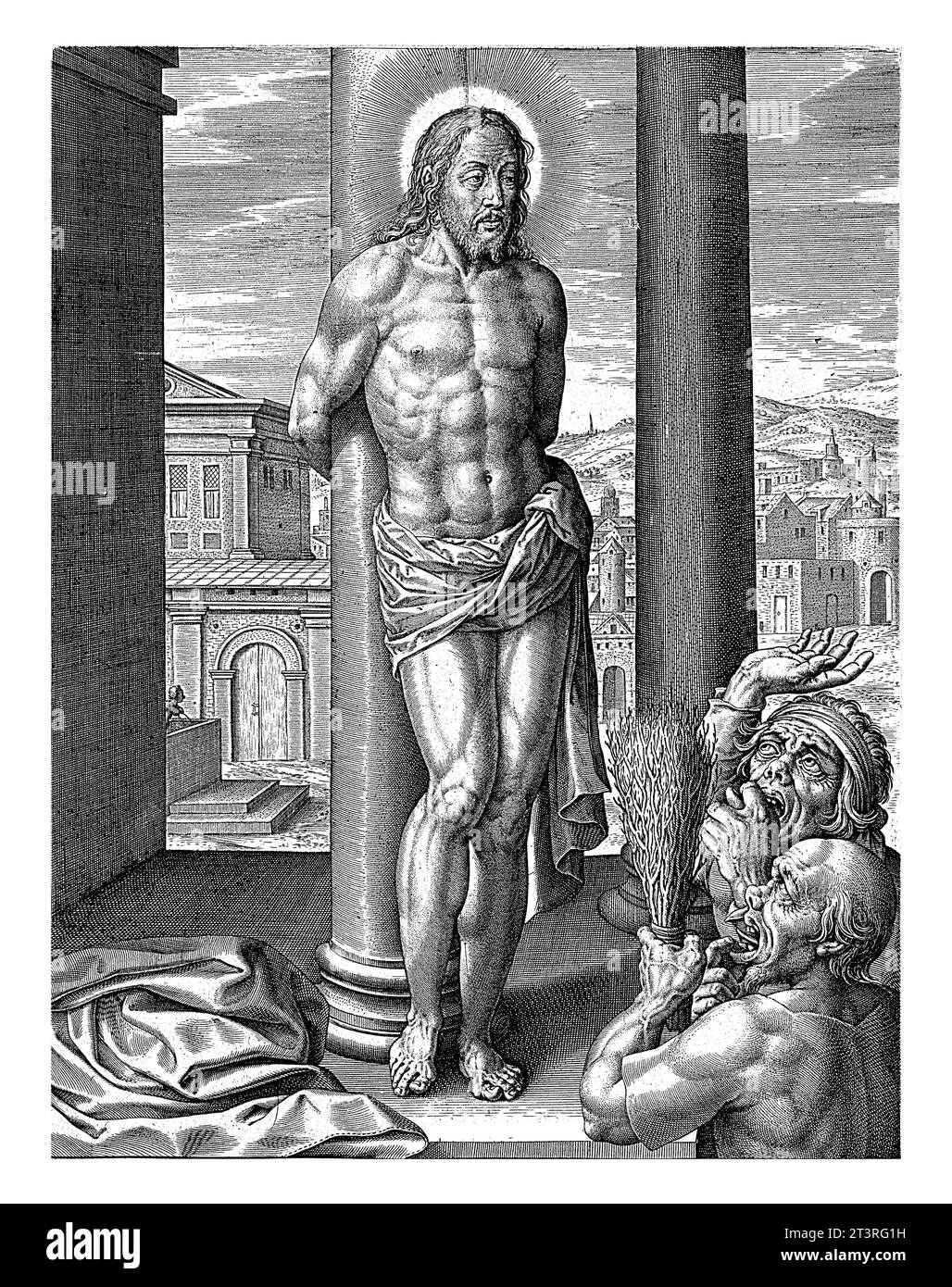 Verhöhnung Christi, Hieronymus Wierix, 1563 – vor 1619 wird Christus, gebunden an eine Säule, von zwei Männern verspottet. Einer von ihnen hält eine Geißel bedrohlich auf. Stockfoto