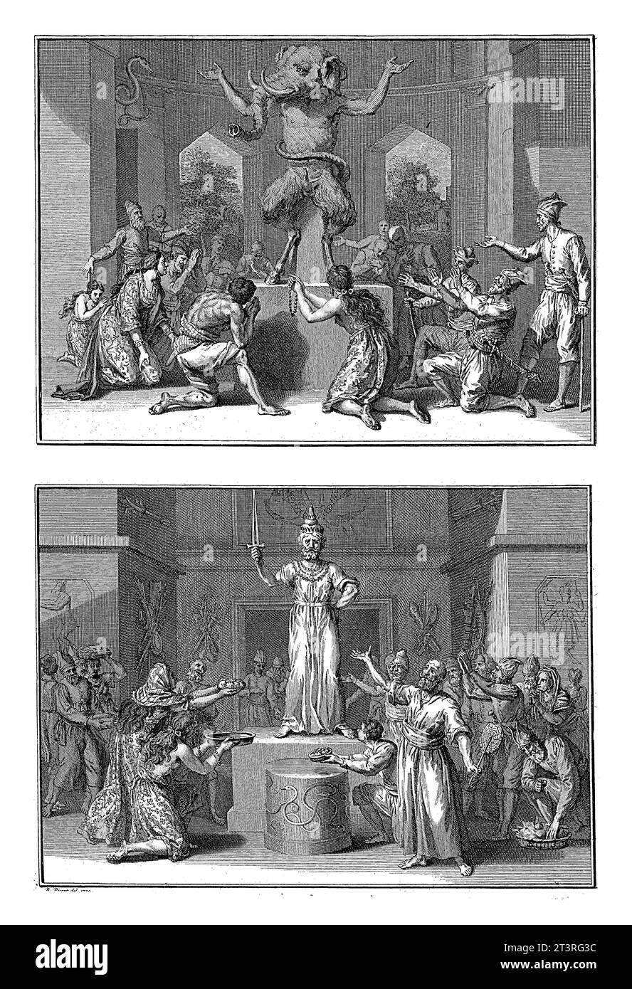 Verehrung von Ganesha und König Ravana, Bernard Picart (Werkstatt), nach Bernard Picart, 1729 Blatt mit zwei Darstellungen der Anbetung der Götter Stockfoto