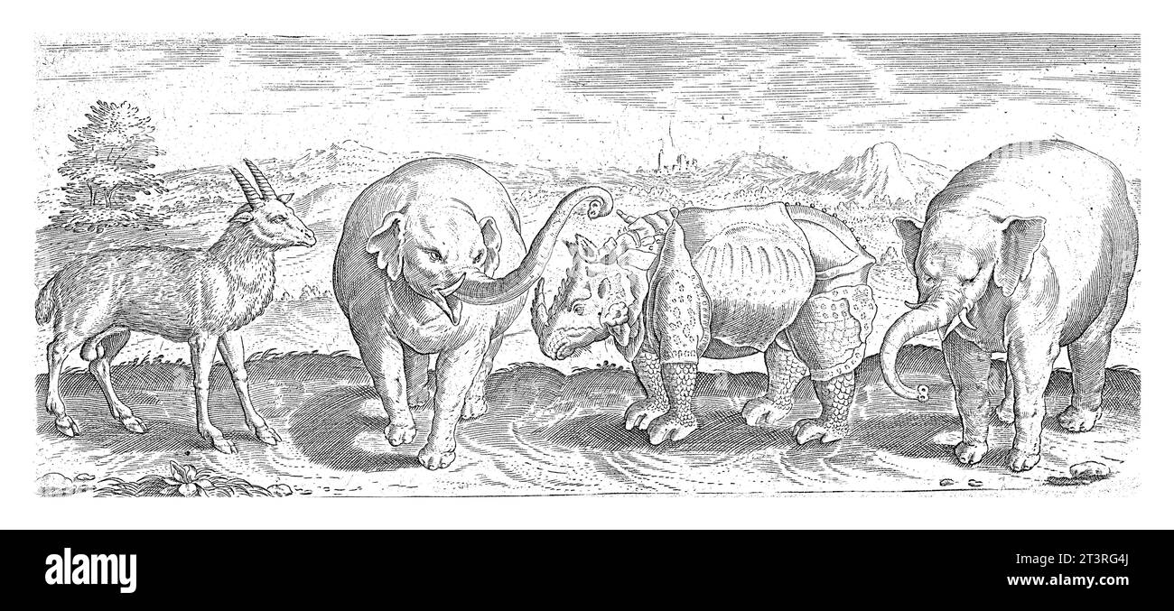 Gazelle, Elefant und Nashorn, Abraham de Bruyn (möglicherweise), nach 1583 Eine Gazelle, zwei Elefanten und ein Nashorn, von vorne und von der Seite gesehen Stockfoto