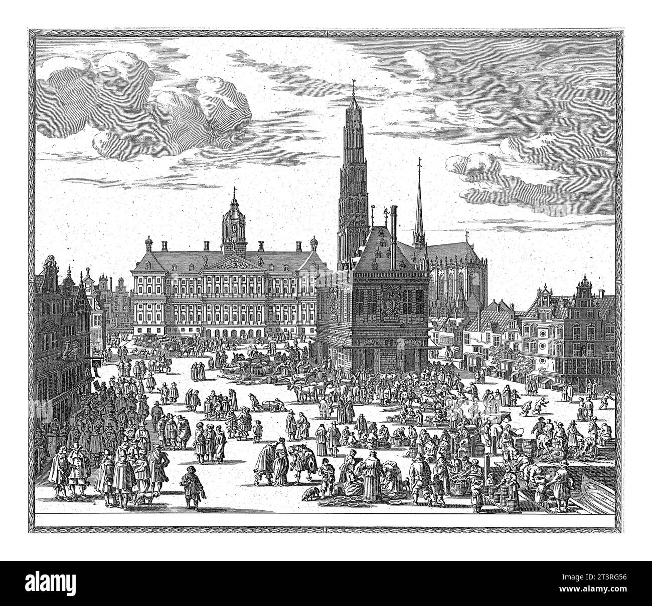 Blick auf das Rathaus, die Nieuwe Kerk und die Waag am Dam Platz in Amsterdam, Pieter Hendricksz. Schut, 1662 - 1720 Blick auf den Dam-Platz in Amsterdam. Stockfoto