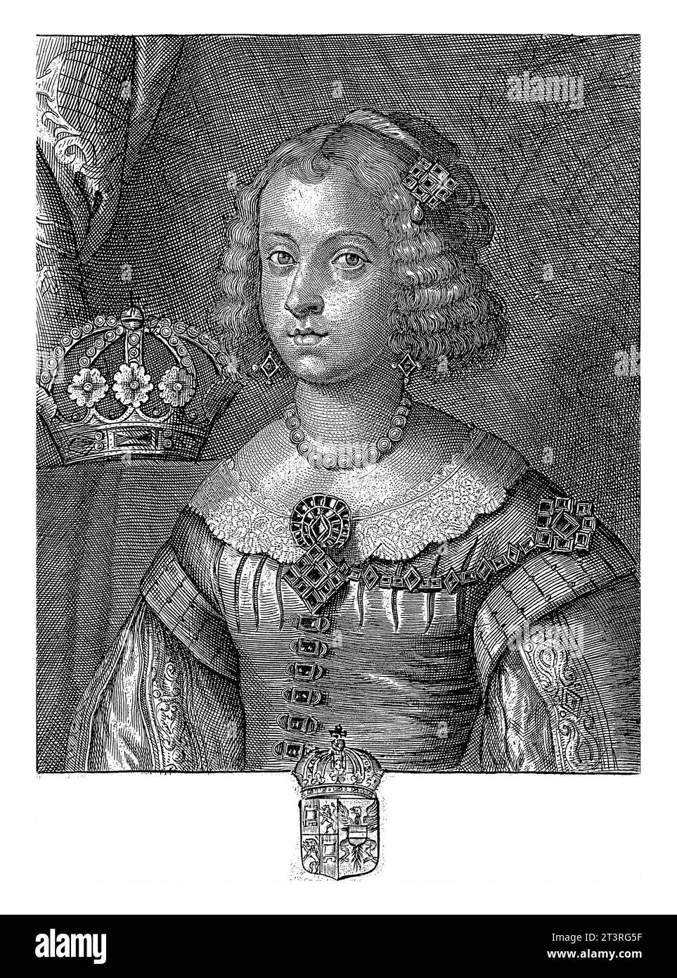 Porträt von Maria Anna von Österreich, Königin von Spanien, Pieter de Jode (II), 1628 - 1670 Büstenporträt von Maria Anna von Österreich, in einem reich verzierten Dres Stockfoto