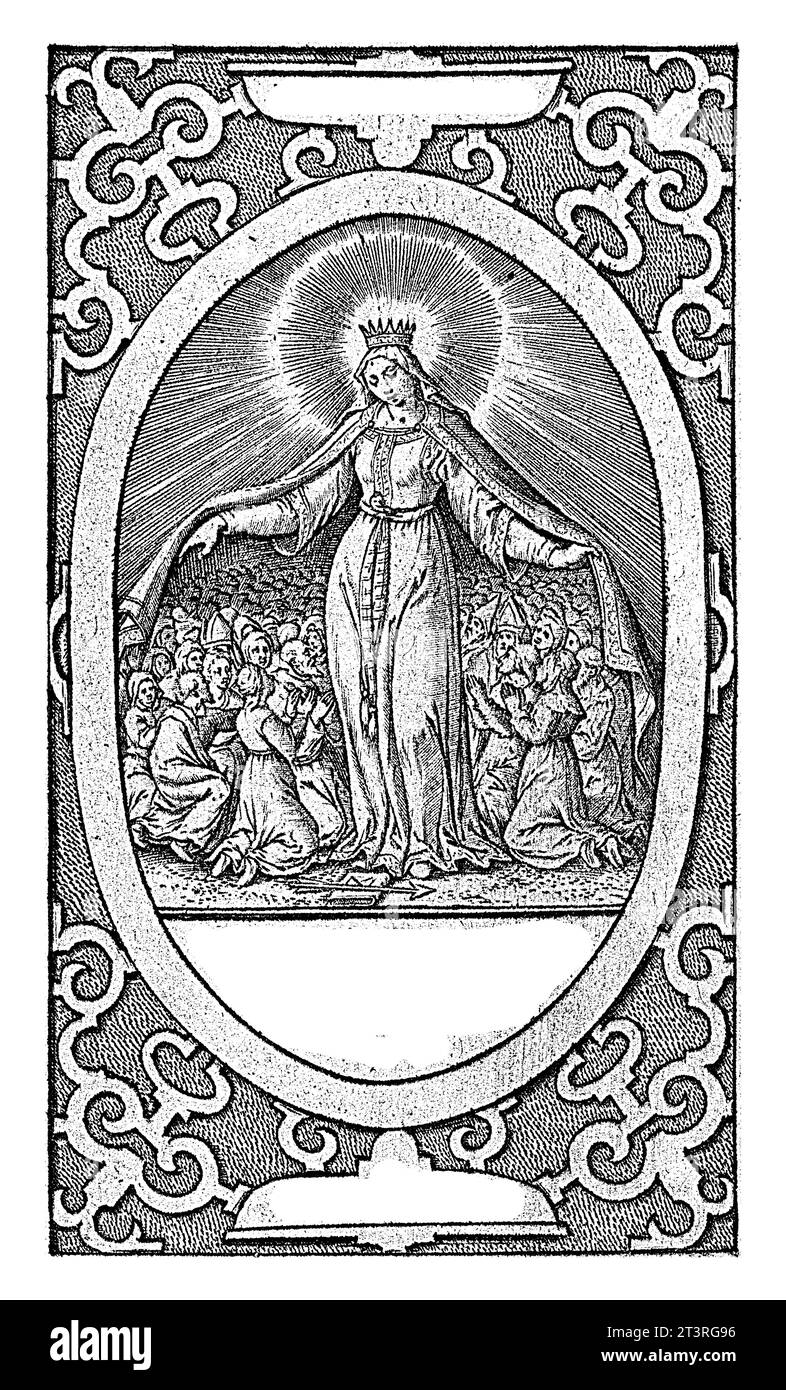 Heilige Ursula (Foecunda), Hieronymus Wierix, 1563 – vor 1619 Heilige Ursula, deren Mantel auf beiden Seiten ausgebreitet wurde, um Schutz für Männer und Frauen zu bieten. Stockfoto