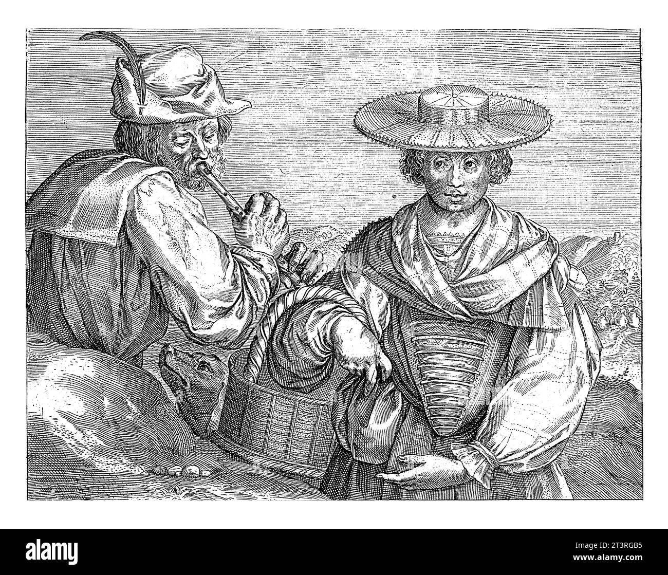 Der Mann verführt eine Frau mit seinem Flötenspiel, Crispijn van de Passe (I), nach Jacques Bellange, 1574–1637, spielt Ein Bauer die Flöte und versucht zu seduzieren Stockfoto