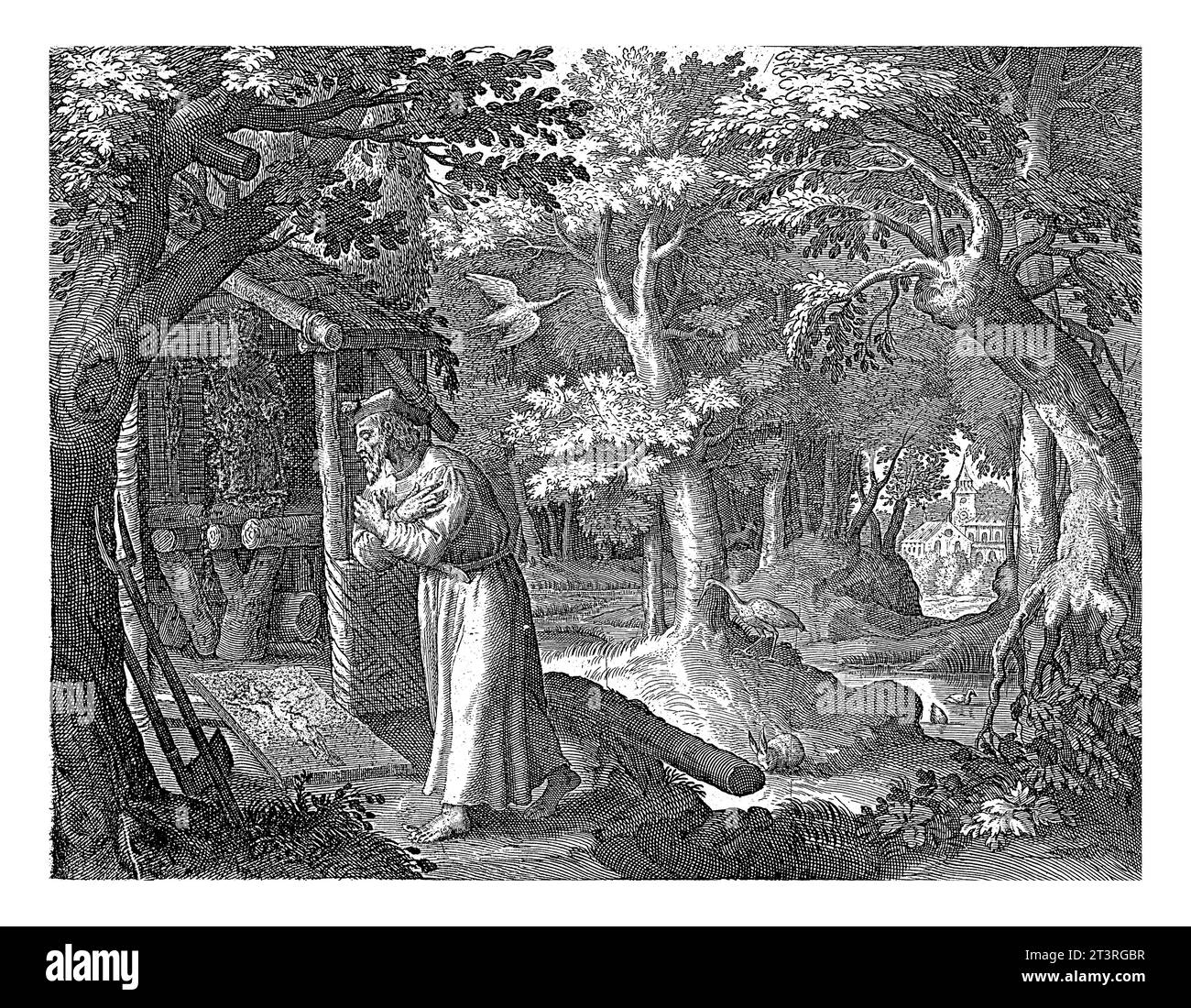 Saint Patroclus von Neris als Eremit, Jan van Londerseel, nach Maerten de Vos, 1580–1625 Saint Patroclus von Neris in seiner Eremitage im Wald in Ad Stockfoto