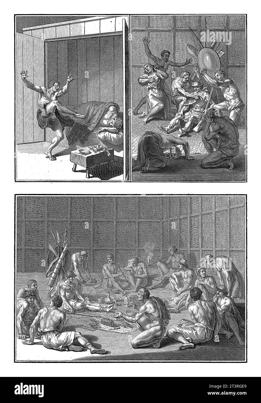 Rituale unter kanadischen Indianern, Bernard Picart (Werkstatt), nach Bernard Picart, 1723 Blatt mit drei Darstellungen von Ritualen unter kanadischen in Stockfoto