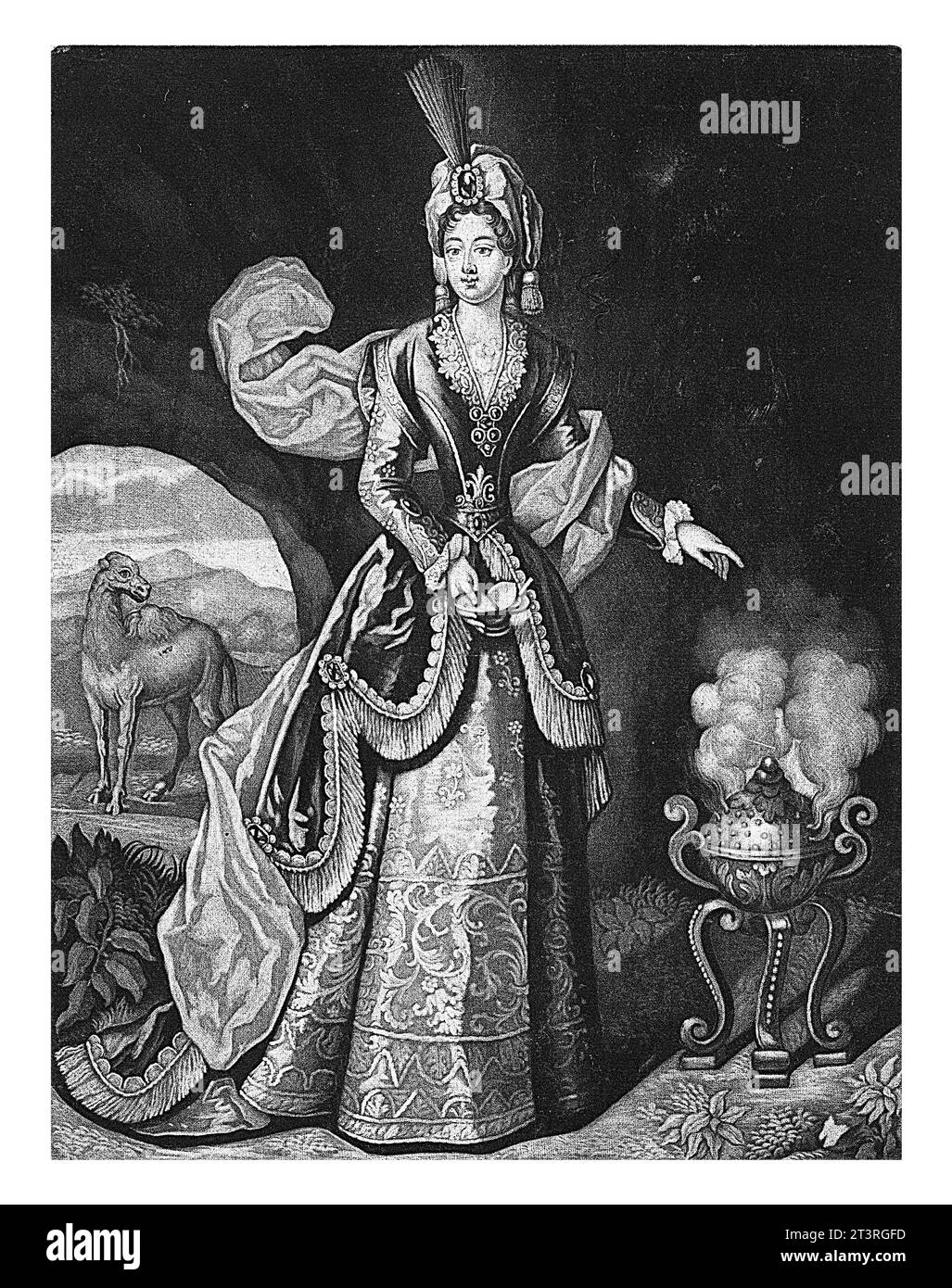 Asia, Pieter Schenk (I), ca. 1670 - ca. 1713 der asiatische Kontinent. Die Personifikation Asiens steht in einer Höhle in der Nähe eines Räuchers. Im Hintergrund ein Dschungel Stockfoto