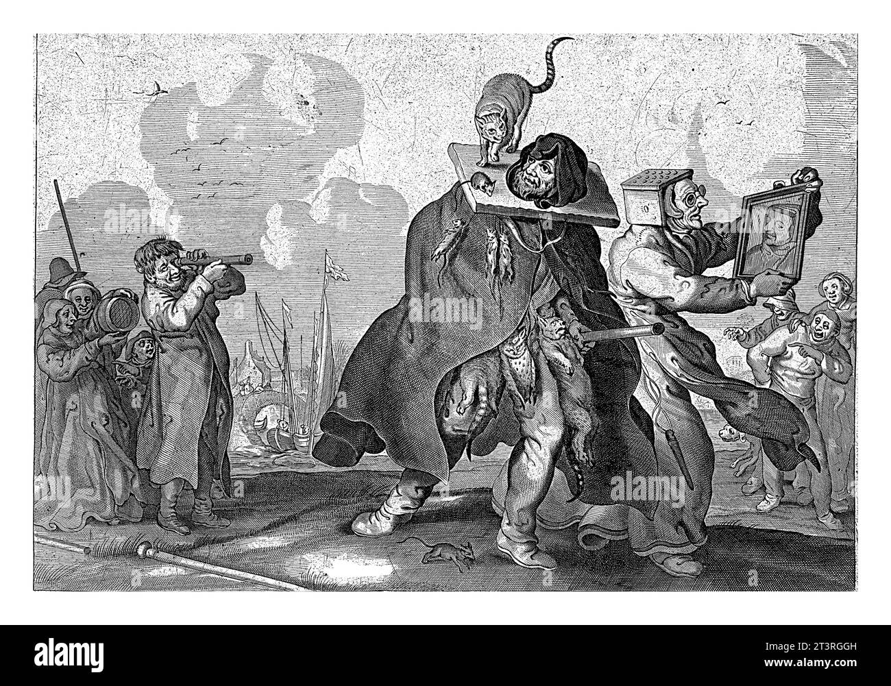 Sprichwort Besiet your Self dargestellt als Mann mit toten Tieren und einer verspotteten Frau, Cornelis van Dalen (I) (abgelehnte Zuschreibung), nach Adriaen P. Stockfoto