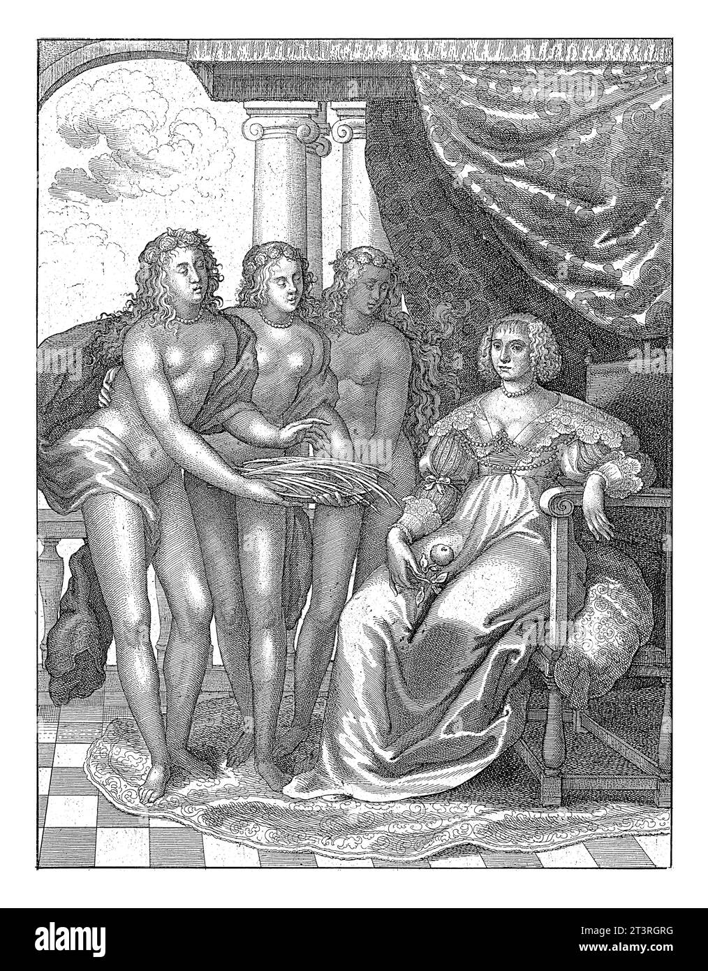 Porträt von Amalia van Solms, Wenceslaus Hollar, 1639 Porträt von Amalia. Sie sitzt in einem Raum mit einem orangen Zweig in der rechten Hand. Die drei Stockfoto