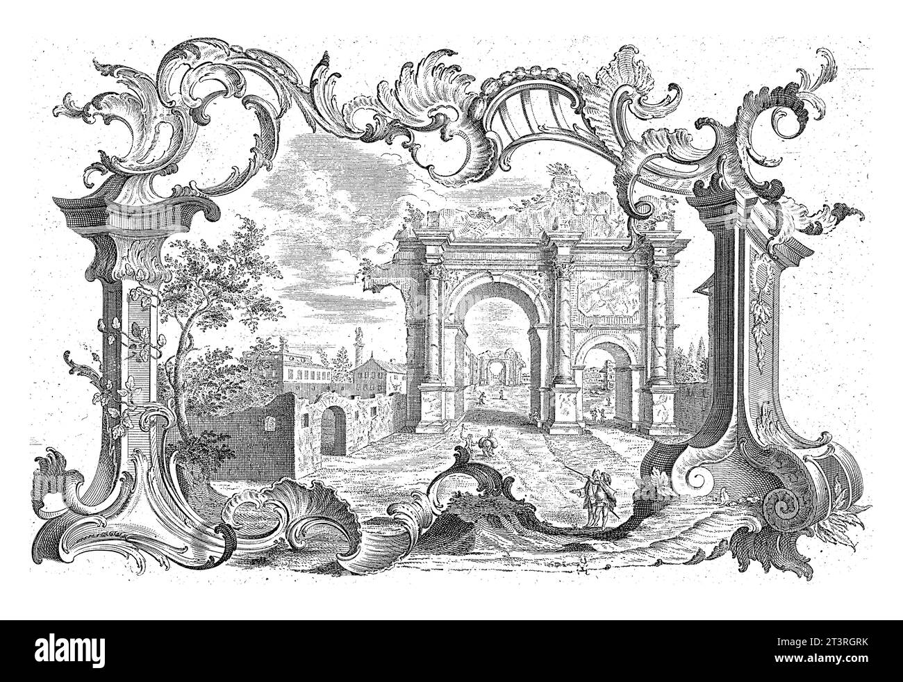 Ruine in Rocaillekartusche, Emanuel Eichel, nach Franz Xaver Habermann, 1731 - 1775 Ruinenlandschaft mit Teil des Triumphbogens in Rocaillekartusche Stockfoto