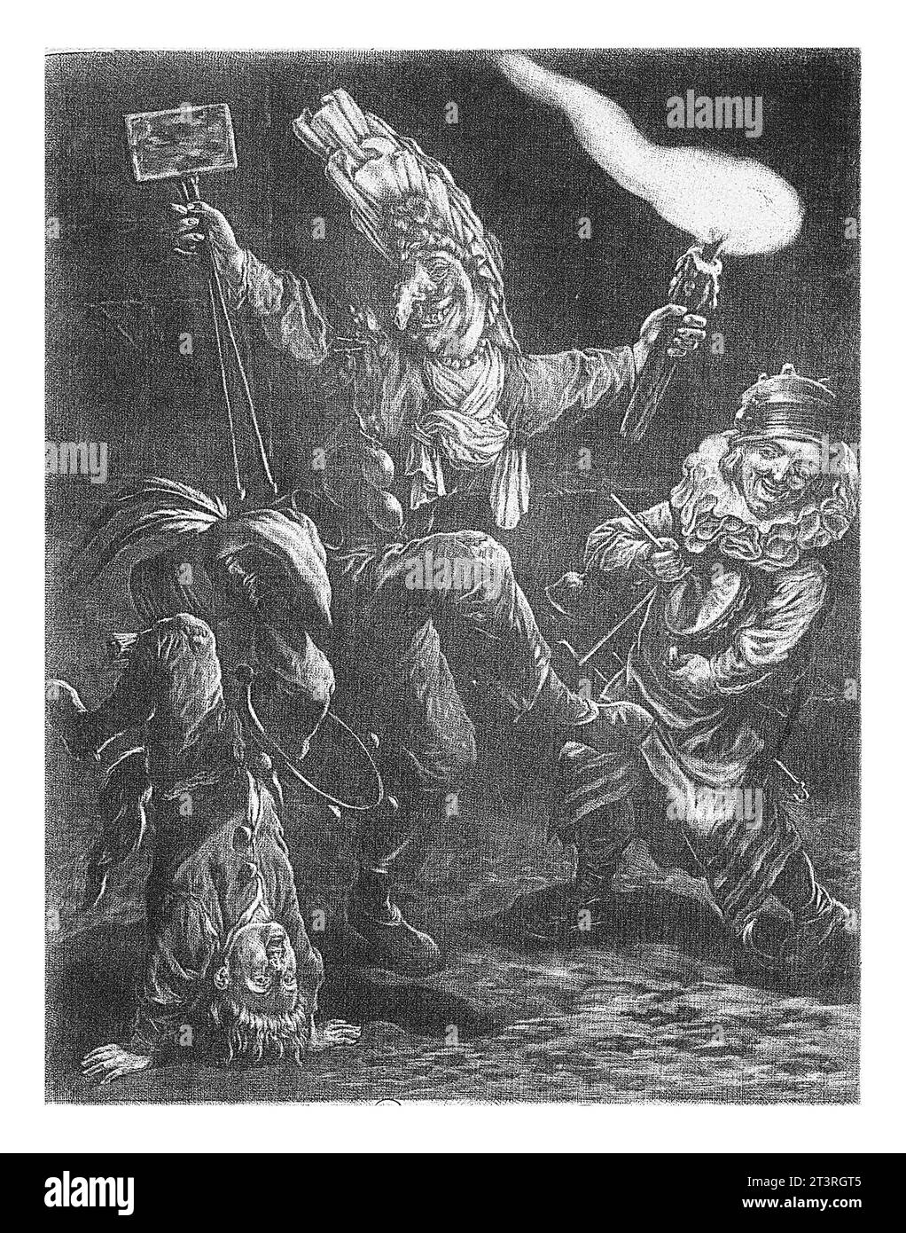 Februar, Cornelis DuSart, 1679 - 1704 Nachtansicht mit drei verkleideten Kindern, die Karneval feiern: Eines tanzt, das zweite steht auf seinen Händen A Stockfoto