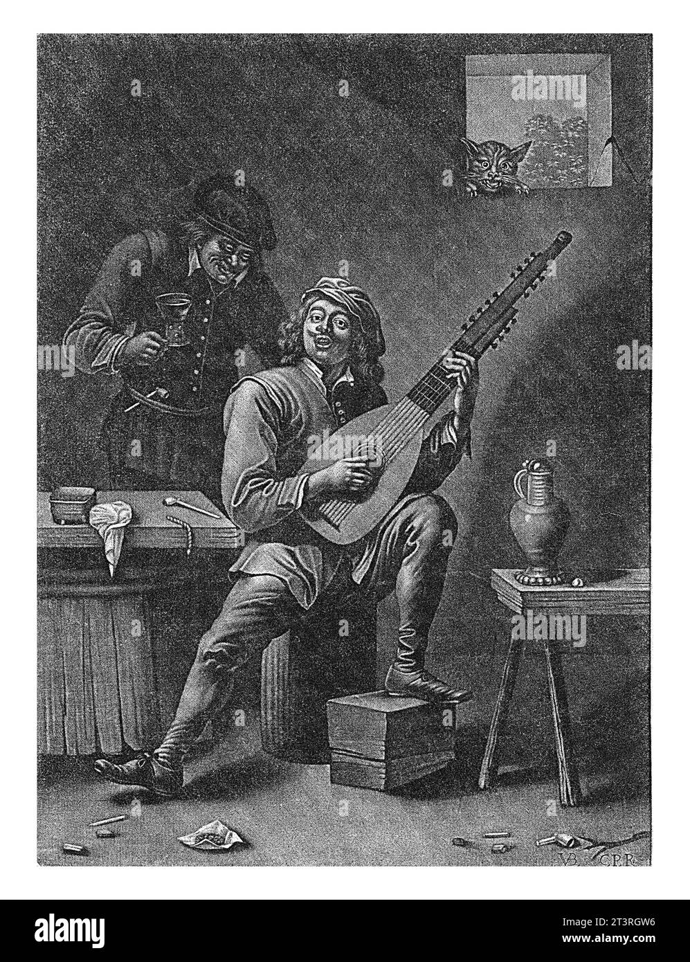 Singender Lautenspieler Jan van der Bruggen, nach David Teniers (II), nach Wallerant Vaillant, 1659–1740 Ein singender Lautenspieler sitzt auf einem Fass in einem Stockfoto
