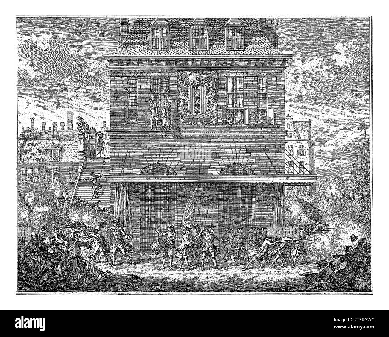 Unruhen während der Erhängung eines Mannes und einer Frau im Waag in Amsterdam, 28. Juni 1748, Simon Fokke, 1777 - 1796 Unruhen während der Erhängung eines Mannes und einer Frau Stockfoto