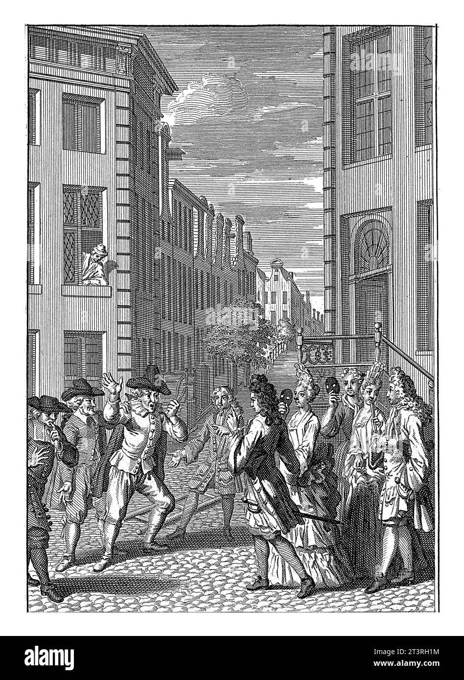 Zwei Männer streiten auf der Straße, Bernard Picart (Werkstatt), nach Bernard Picart, 1712 Szene auf der Straße mit zwei Männern, die in einen Streit verwickelt waren. Stockfoto