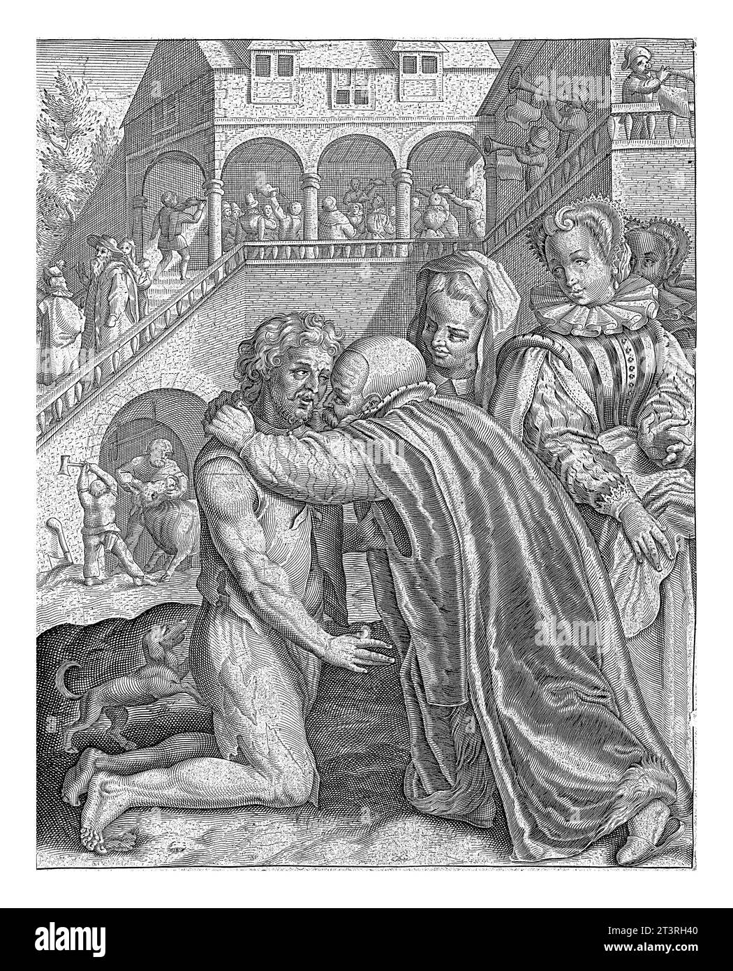 Homecoming des verlorenen Sohnes Nicolaes de Bruyn, 1581–1656 der verlorene Sohn kniet in Lappen vor seinem Vater, der ihn umarmt. Stockfoto